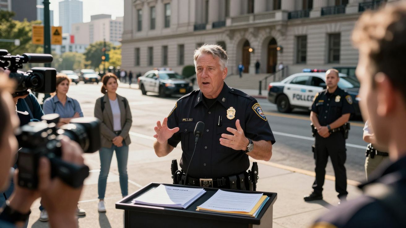 Polícia a dar declarações à imprensa em frente a um edifício numa rua movimentada.