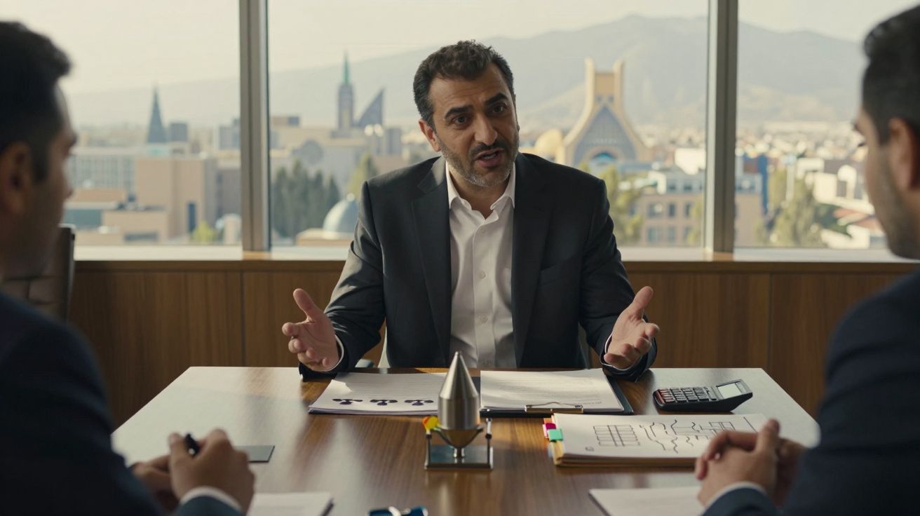 Homem de fato escuro fala em reunião de negócios com vista de cidade ao fundo.