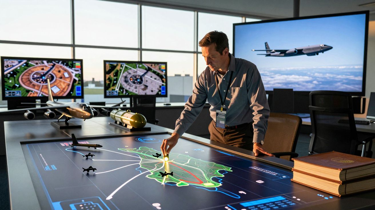 Homem a planear rota aérea numa mesa digital com modelos de aviões e ecrãs de radar ao fundo.