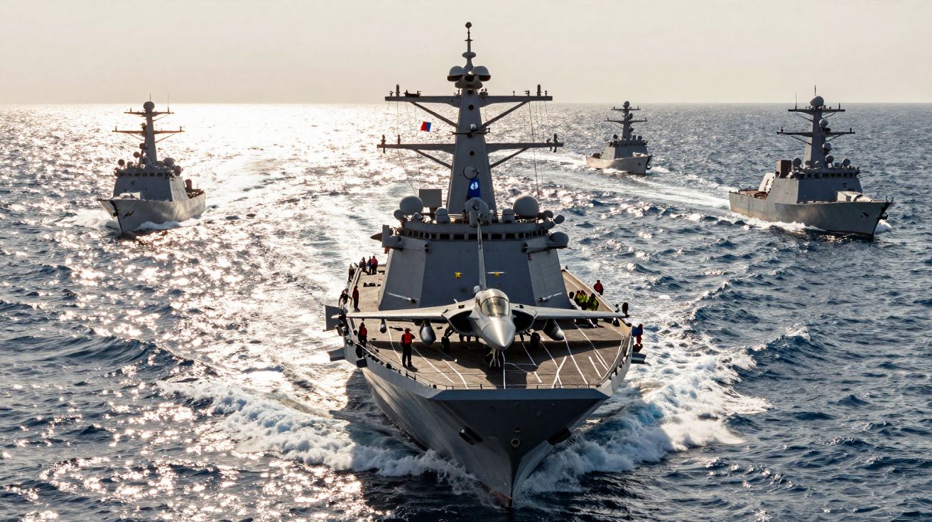 Quatro navios militares em formação no mar, com um avião de caça no convés do navio da frente.