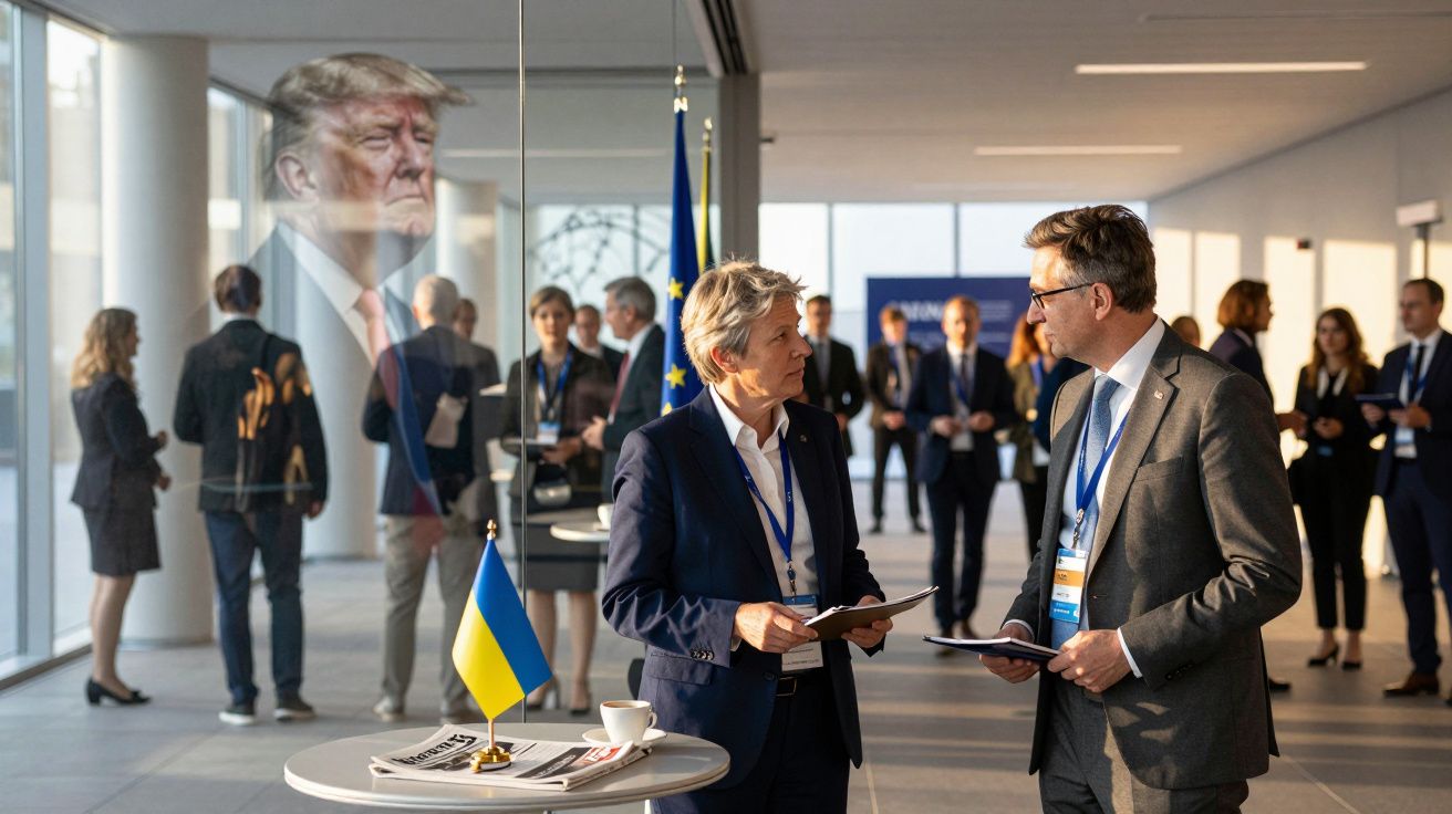 Duas pessoas conversam numa conferência, com bandeiras da Ucrânia e União Europeia e grupo ao fundo.