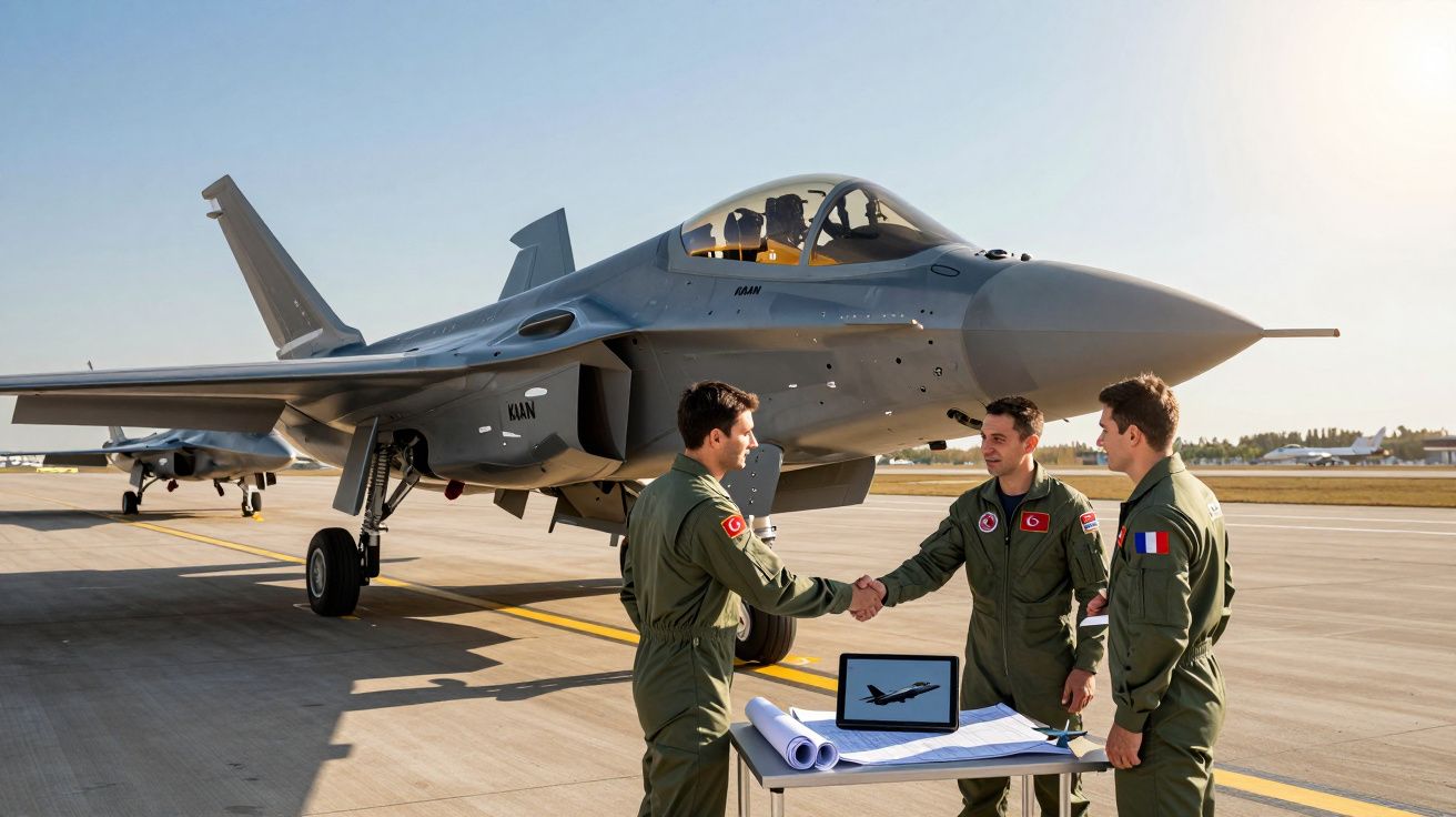 Três pilotos militares em fato de voo junto a um caça estacionado, cumprimentando-se numa pista de aeroporto.