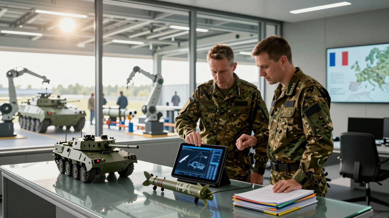 Dois militares em uniforme camuflado analisam equipamento militar e dados técnicos num tablet numa sala de controlo moderna.