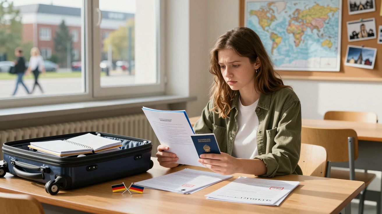 Jovem com expressão preocupada a ler documentos e passaporte numa sala de aula com mala aberta em cima da mesa.