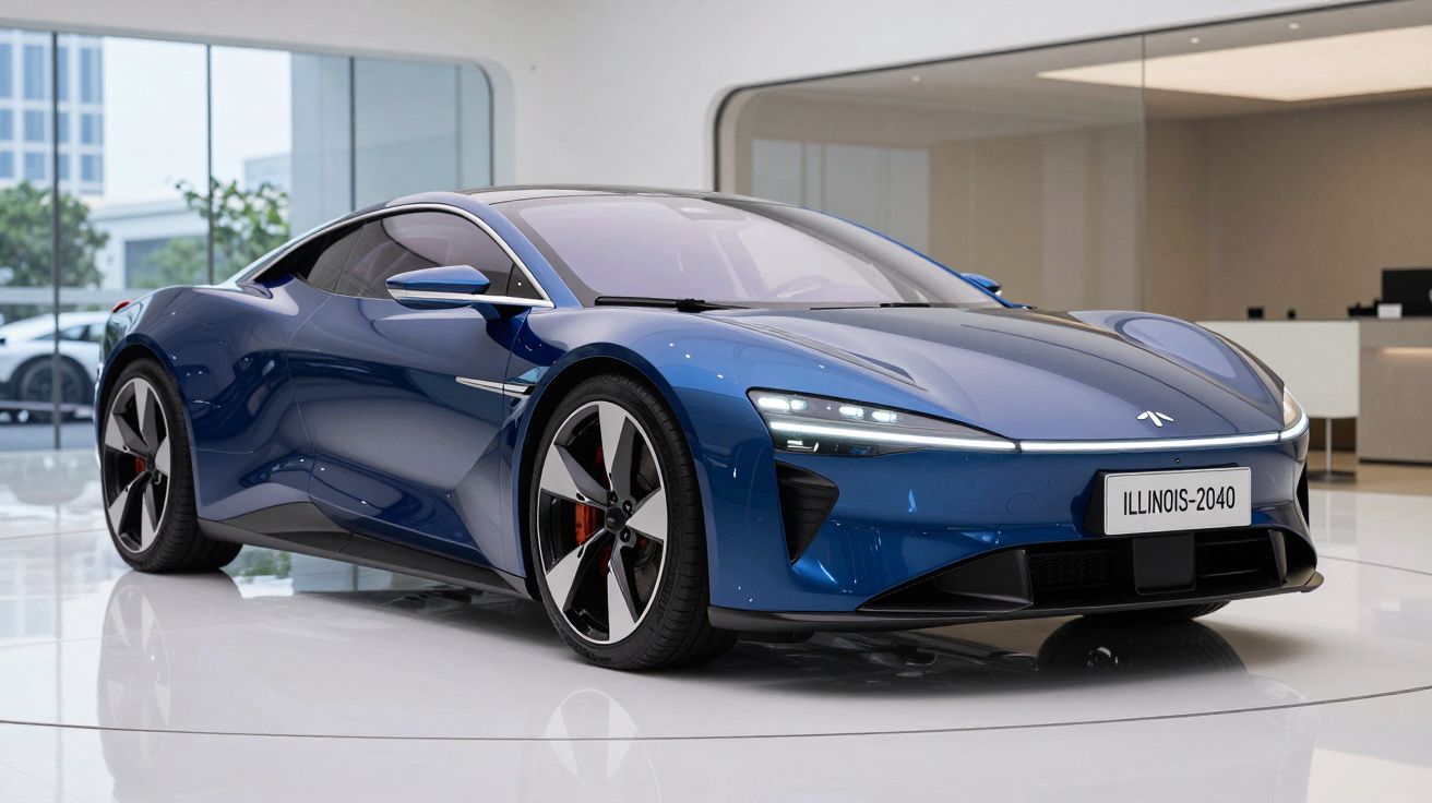 Carro desportivo elétrico azul brilhante estacionado dentro de um showroom moderno e minimalista.