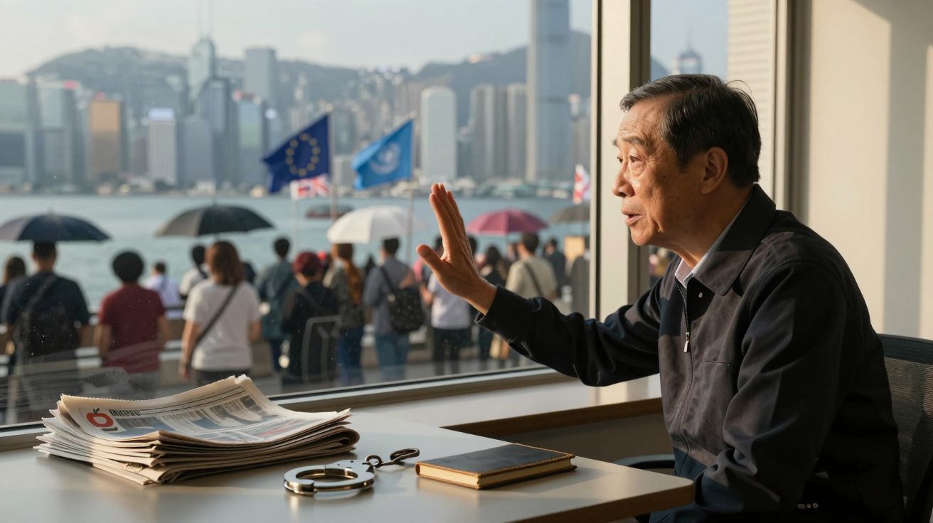 Homem sentado junto a uma janela, mão levantada, com jornais, algemas e um caderno à sua frente.