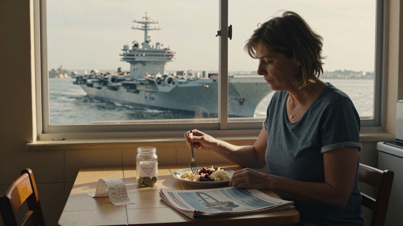 Mulher sentada a comer numa mesa junto à janela com um porta-aviões ancorado no mar ao fundo.