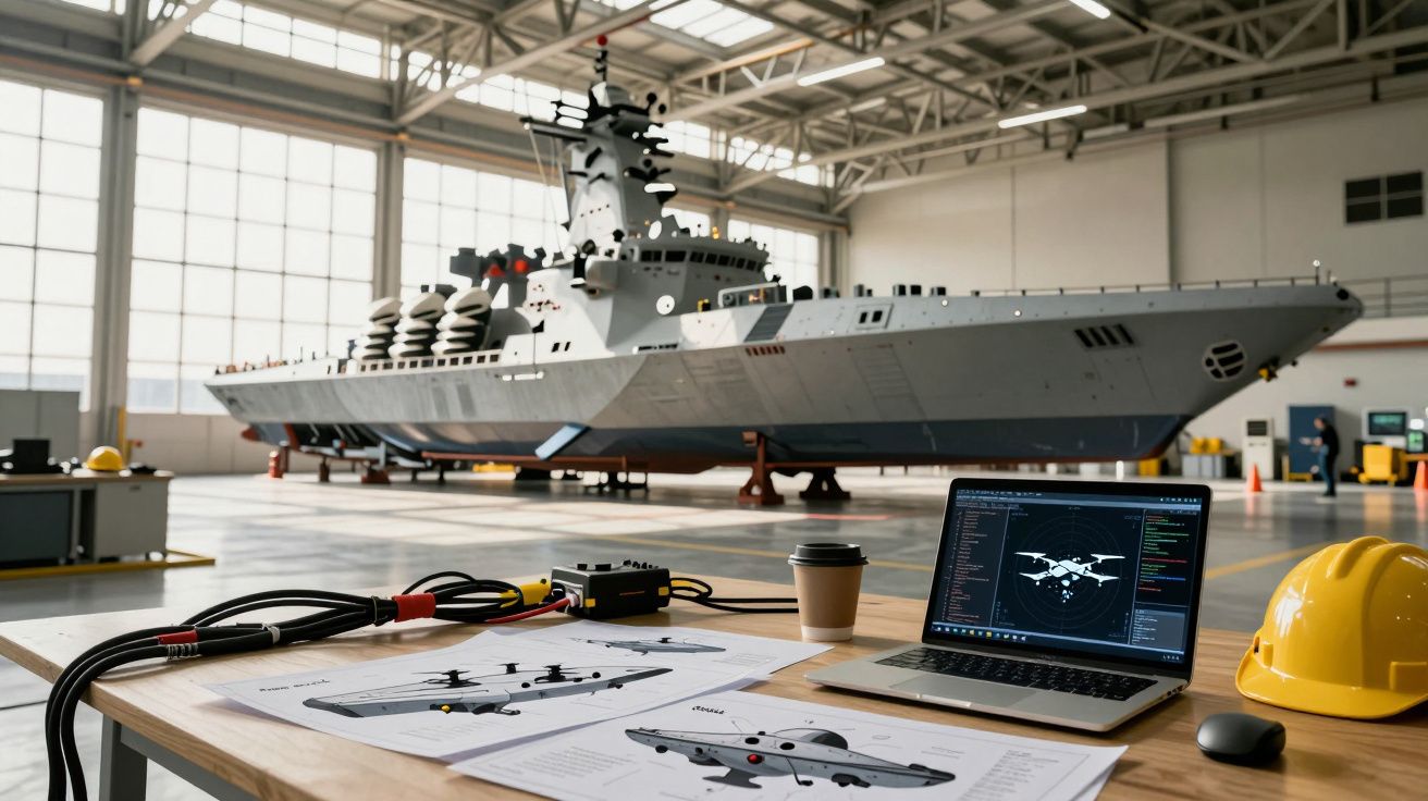 Interior de hangar com modelo de navio de guerra, laptop com design de drone, capacete amarelo e esquemas sobre a mesa.