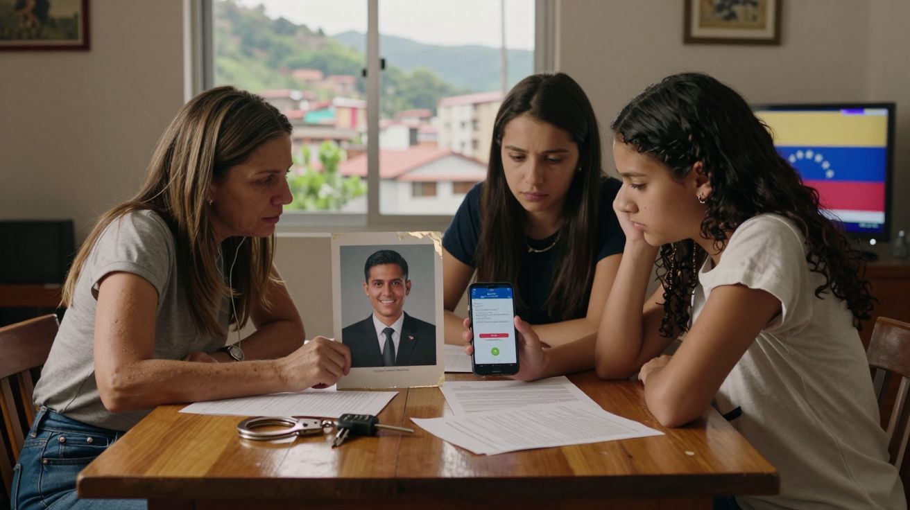 Três mulheres sentadas à mesa com foto de homem em terno, documentos, algemas e telemóvel com chamada em curso.