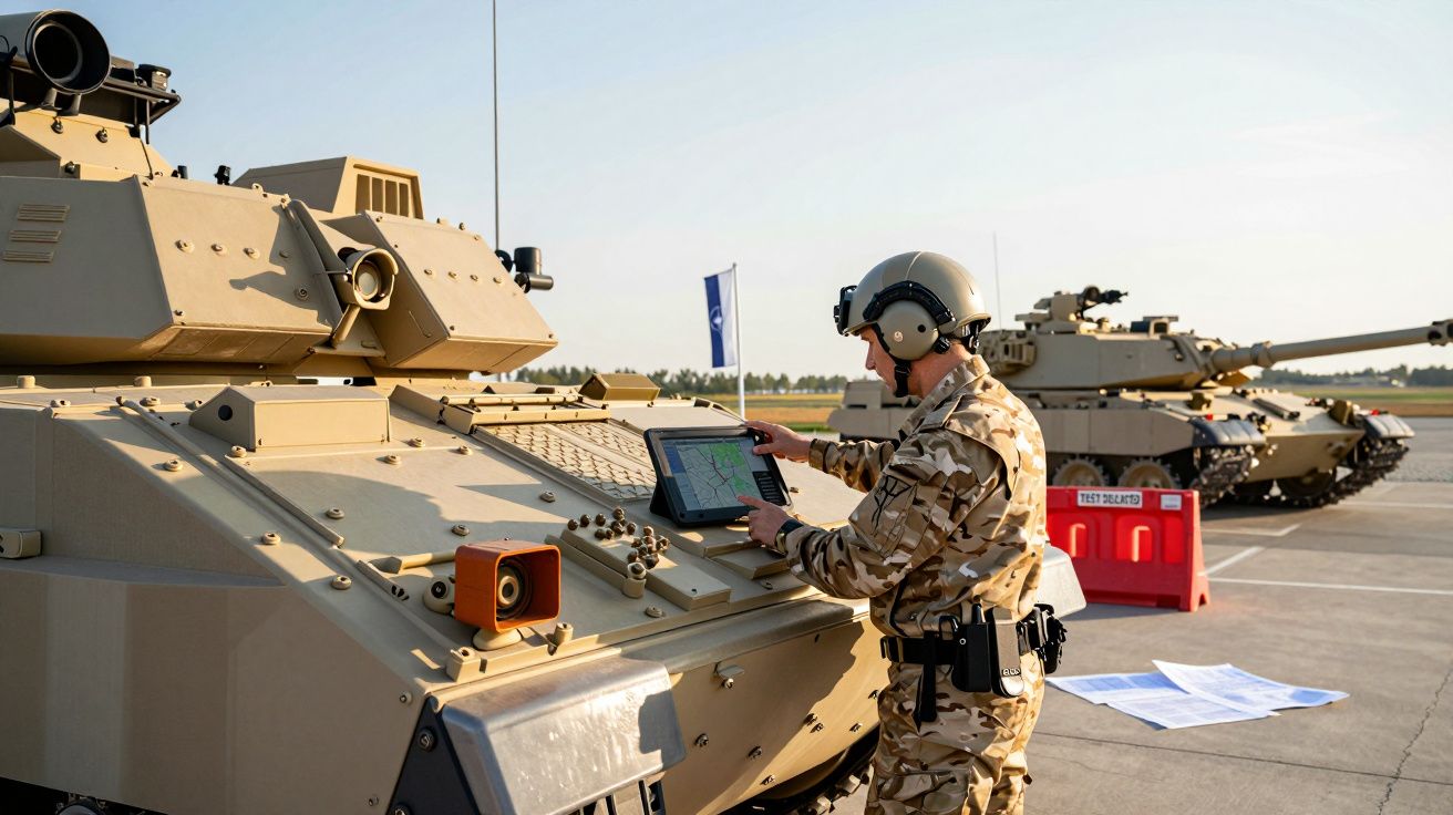 Soldado em uniforme camuflado utiliza tablet montado em veículo militar blindado em hangar ao ar livre.