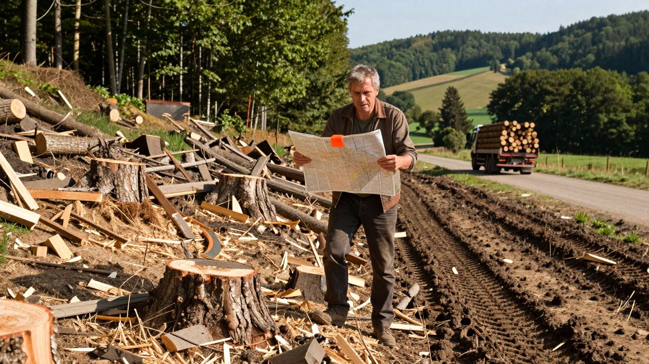 Homem com mapa junto a árvores cortadas e troncos empilhados numa estrada rural com paisagem verde.