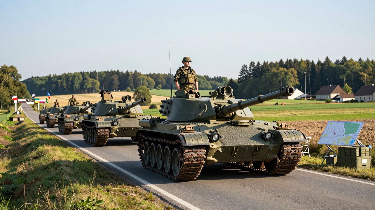 Coluna de três tanques militares verdes com soldados na estrada rural junto a sinais e mapa.