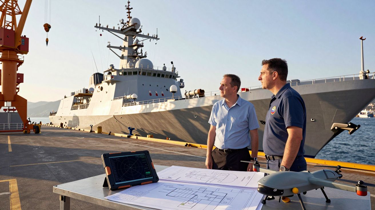 Dois homens junto a uma mesa com plantas, drone e tablet no cais, com navio militar atracado ao fundo.