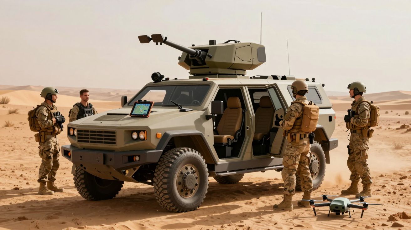 Veículo militar blindado e soldados com equipamento no deserto, drone ao lado no chão.