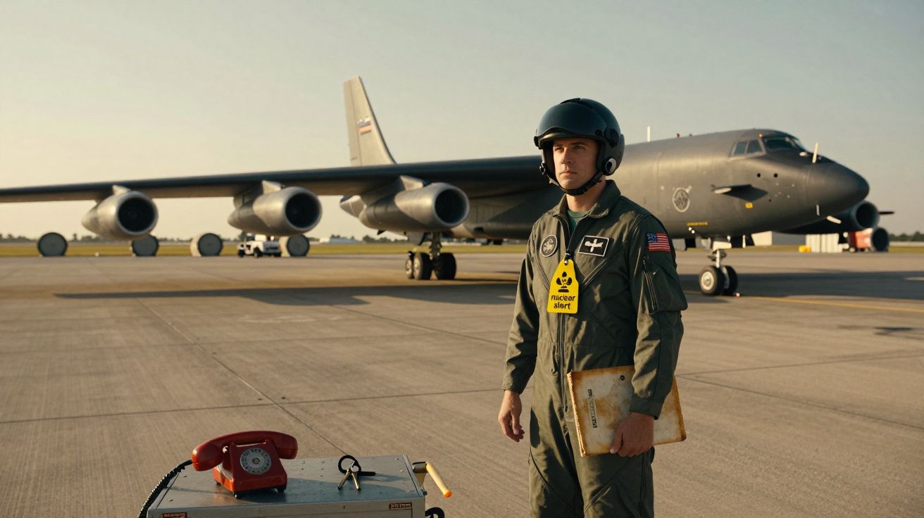 Piloto militar com uniforme verde e capacete, com avião militar de quatro motores ao fundo num aeroporto.