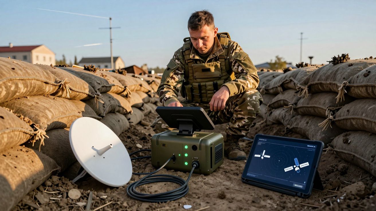 Militar em uniforme camuflado usa equipamento tecnológico entre sacos de areia numa trincheira ao ar livre.