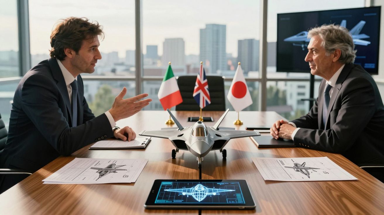 Dois homens em fatos discutem projeto de avião militar em sala de reunião com bandeiras da Itália, Reino Unido e Japão.