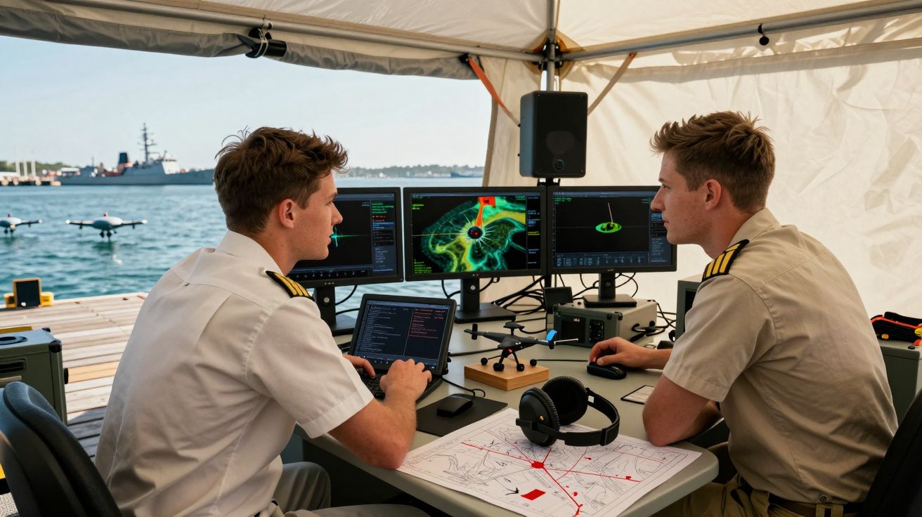 Dois militares em uniforme a operar drones com vários ecrãs e mapas numa base naval junto ao mar.