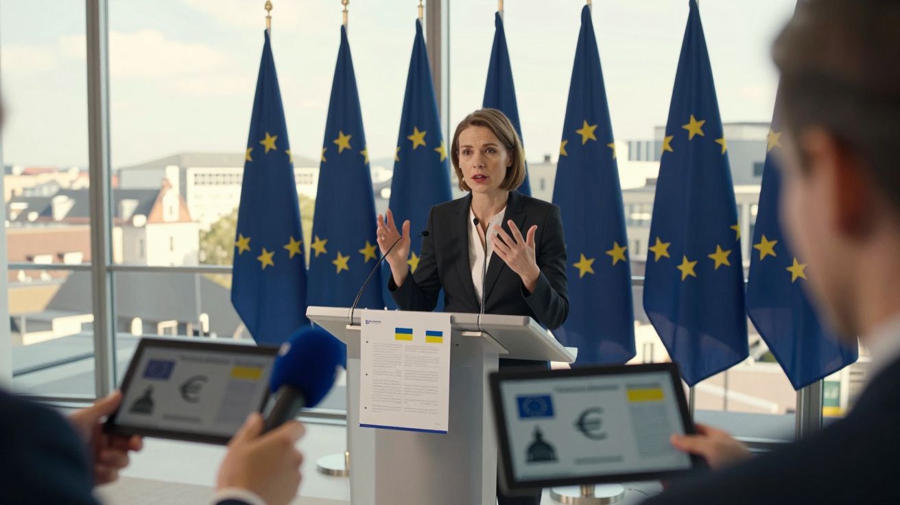 Mulher a discursar num pódio, com bandeiras da União Europeia ao fundo, durante conferência de imprensa.