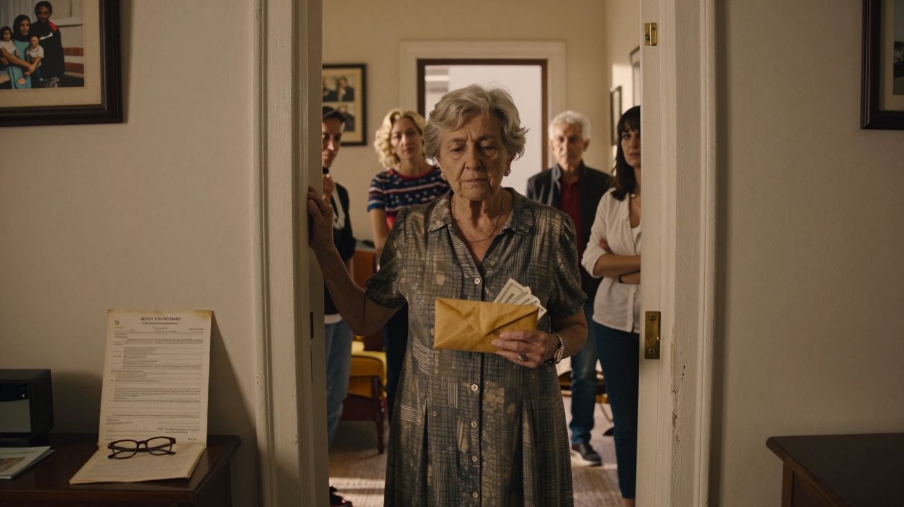 Senhora idosa em frente a porta segurando envelope com dinheiro, atrás cinco pessoas observam atentamente.