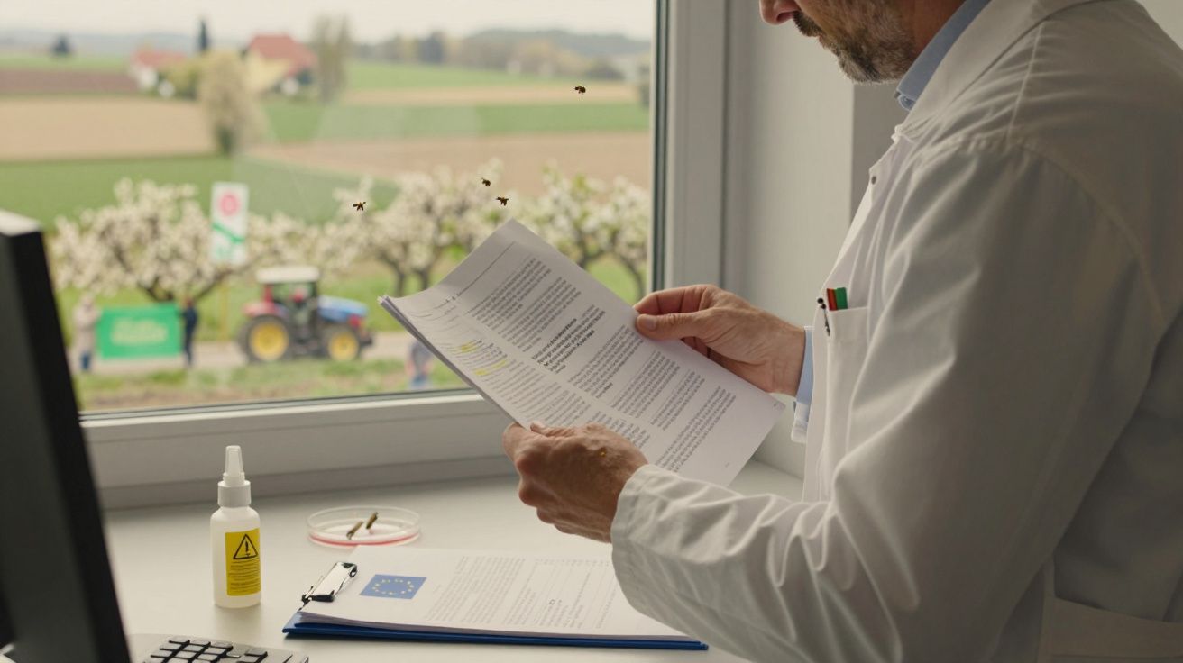 Cientista analisa documentos com campo florido e abelhas a voar junto à janela do laboratório.