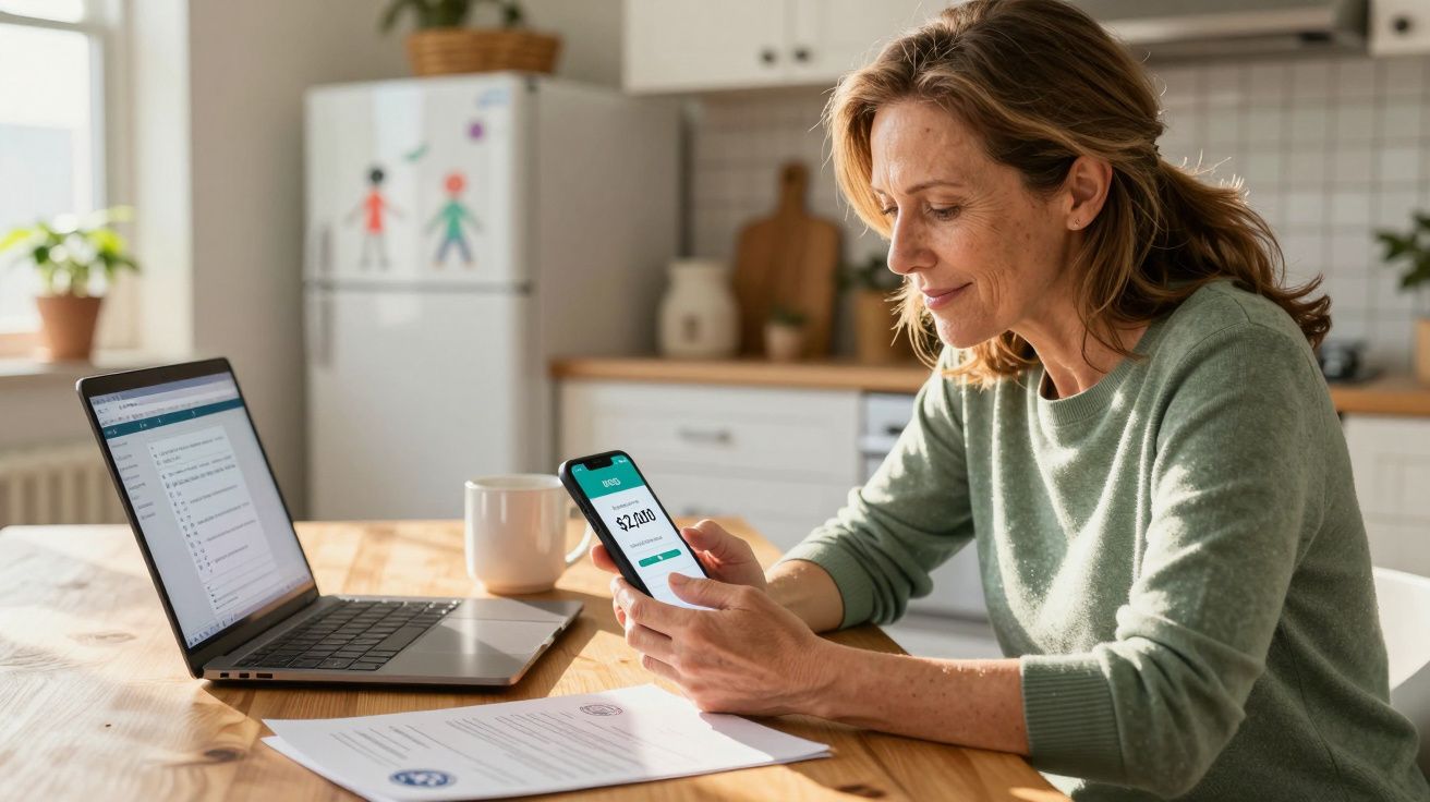 Mulher sentada à mesa com telemóvel na mão a verificar saldo bancário, computador portátil aberto e documentos à frente.