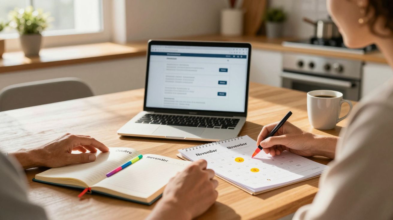 Duas pessoas a planear compromissos em calendário e agenda, com computador portátil e caneca numa mesa.