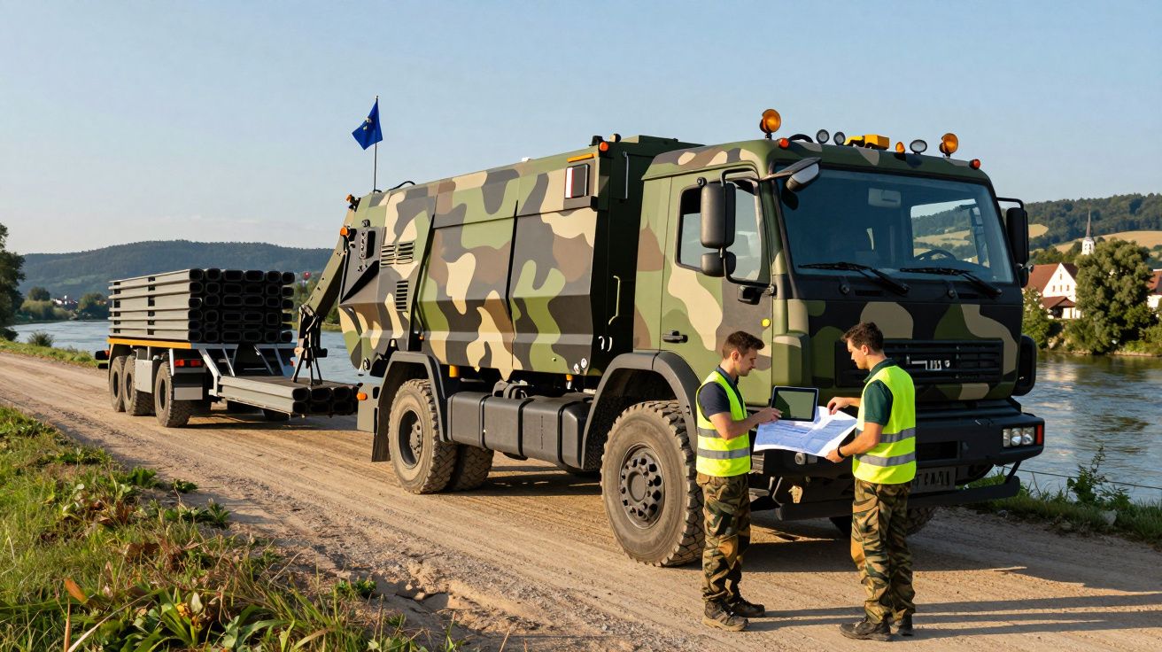 Dois militares com coletes amarelos consultam mapas ao lado de camião militar camuflado com reboque, junto a rio.