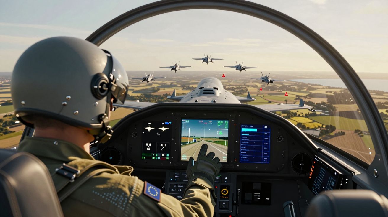 Piloto militar no cockpit de um avião a controlar o painel, com esquadrilha de jatos a voar à frente sobre campos.