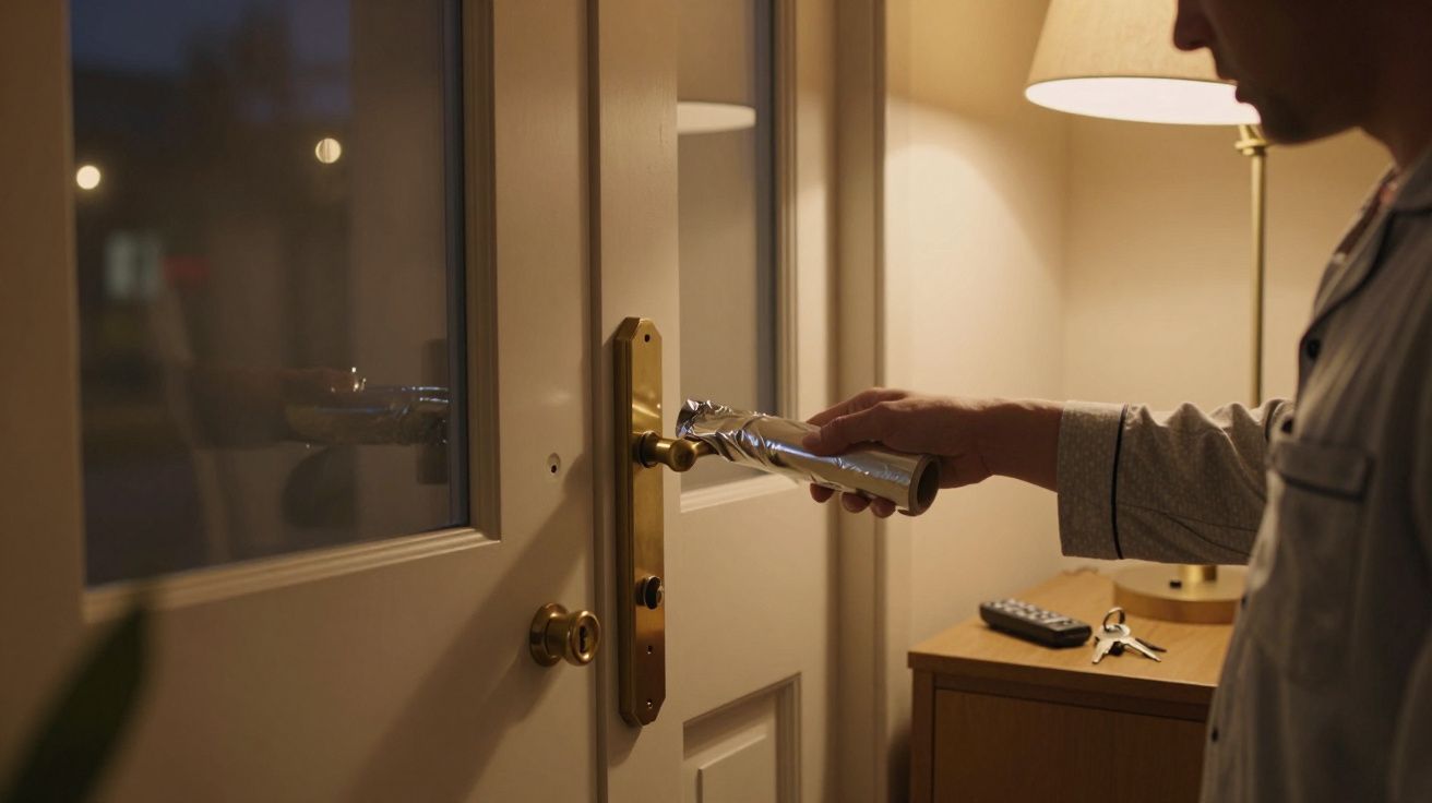 Pessoa a desinfetar a maçaneta da porta com um produto em spray num ambiente interior iluminado.