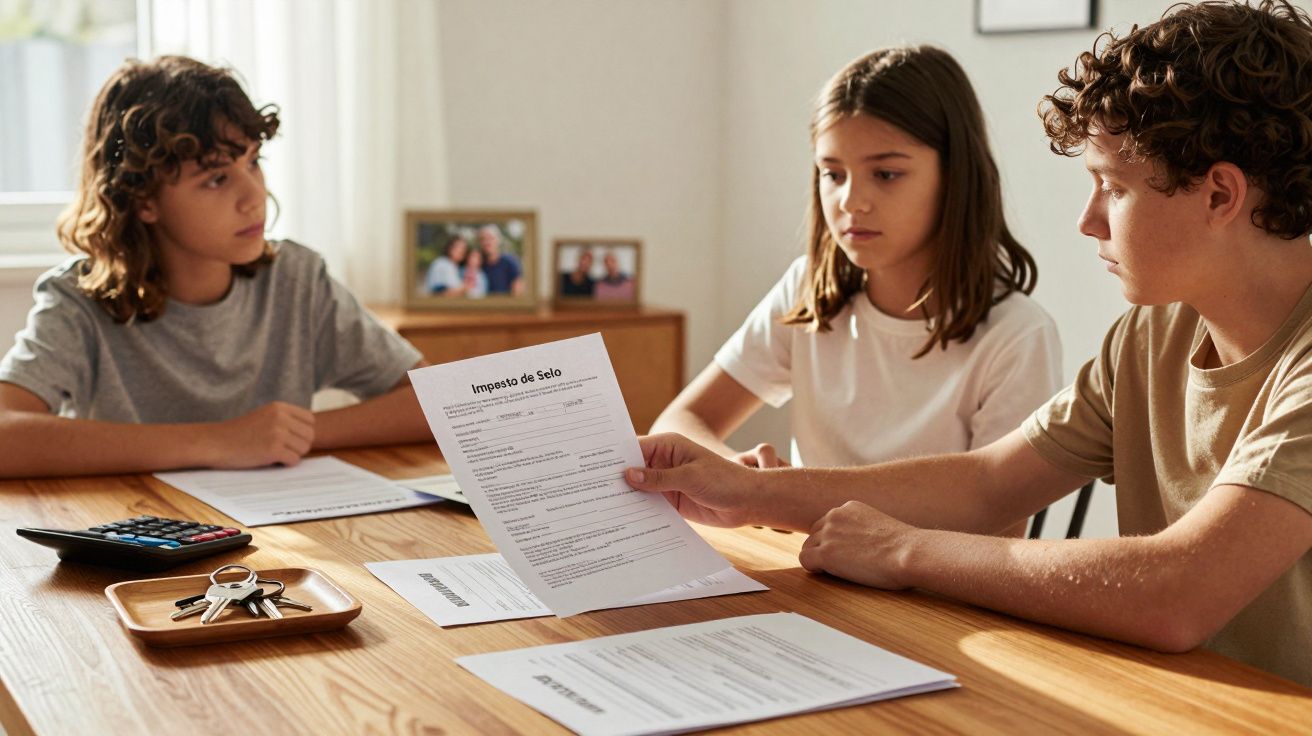 Três jovens sentados à mesa a analisar documentos e contas, incluindo um papel com o título "Imposto de Selo".