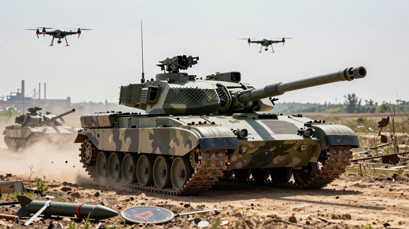 Carro de combate camuflado em terreno seco com drones a sobrevoar e outro carro ao fundo.