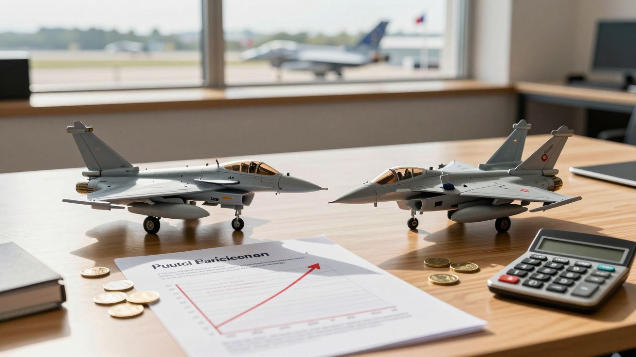 Dois modelos de aviões militares sobre uma mesa com moedas, calculadora e documento com gráfico.