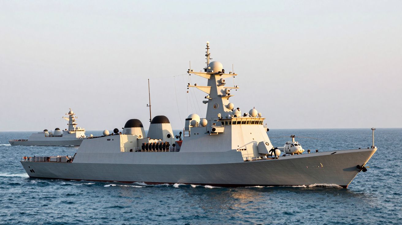 Dois navios de guerra cinzentos a navegar em mar calmo ao pôr do sol.