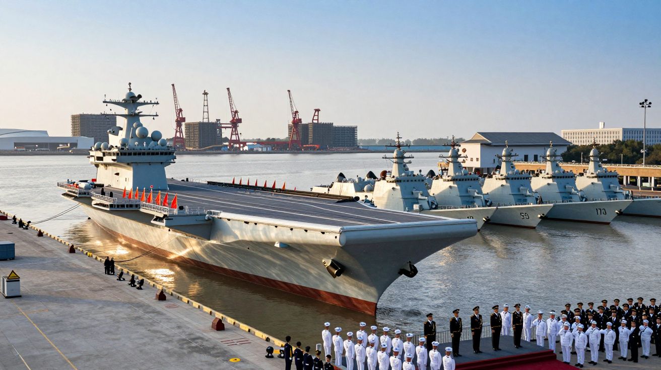 Porta-aviões atracado com fuzileiros navais e outros navios de guerra ao fundo num porto militar.