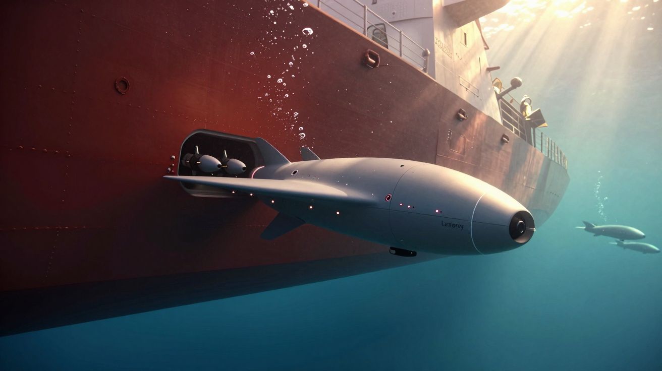 Veículo submarino autónomo a investigar o casco de um navio submerso com luz solar a penetrar na água.