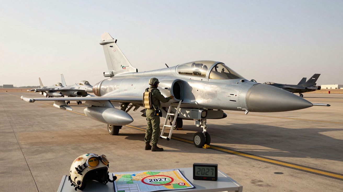 Caça militar estacionado em pista com piloto ao lado e mesa com capacete e mapas em primeiro plano.