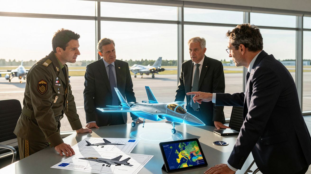 Quatro homens em reunião junto a uma mesa com modelo e planos de um avião, em aeroporto com jatos ao fundo.