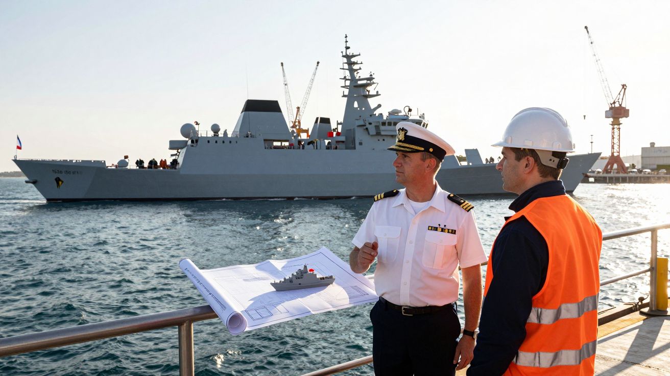 Oficial naval e engenheiro com capacete e colete refletores analisam maquete e planta de navio de guerra no porto.