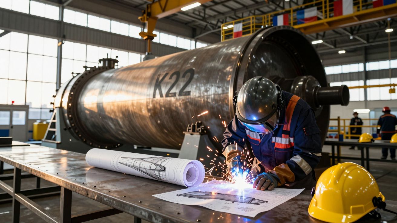 Trabalhador a soldar em oficina industrial com grande maquinaria e capacete amarelo na mesa.
