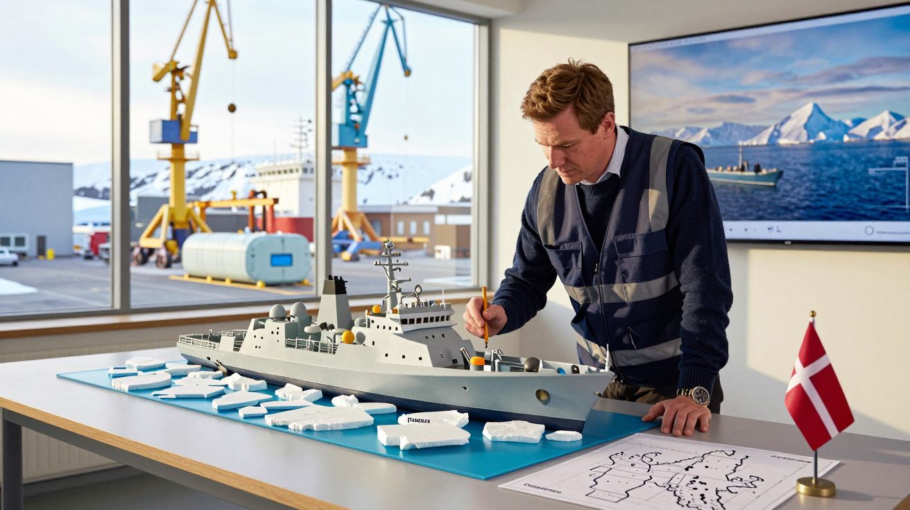 Homem a trabalhar num modelo de navio de guerra numa sala com vista para estaleiro naval e gruas.