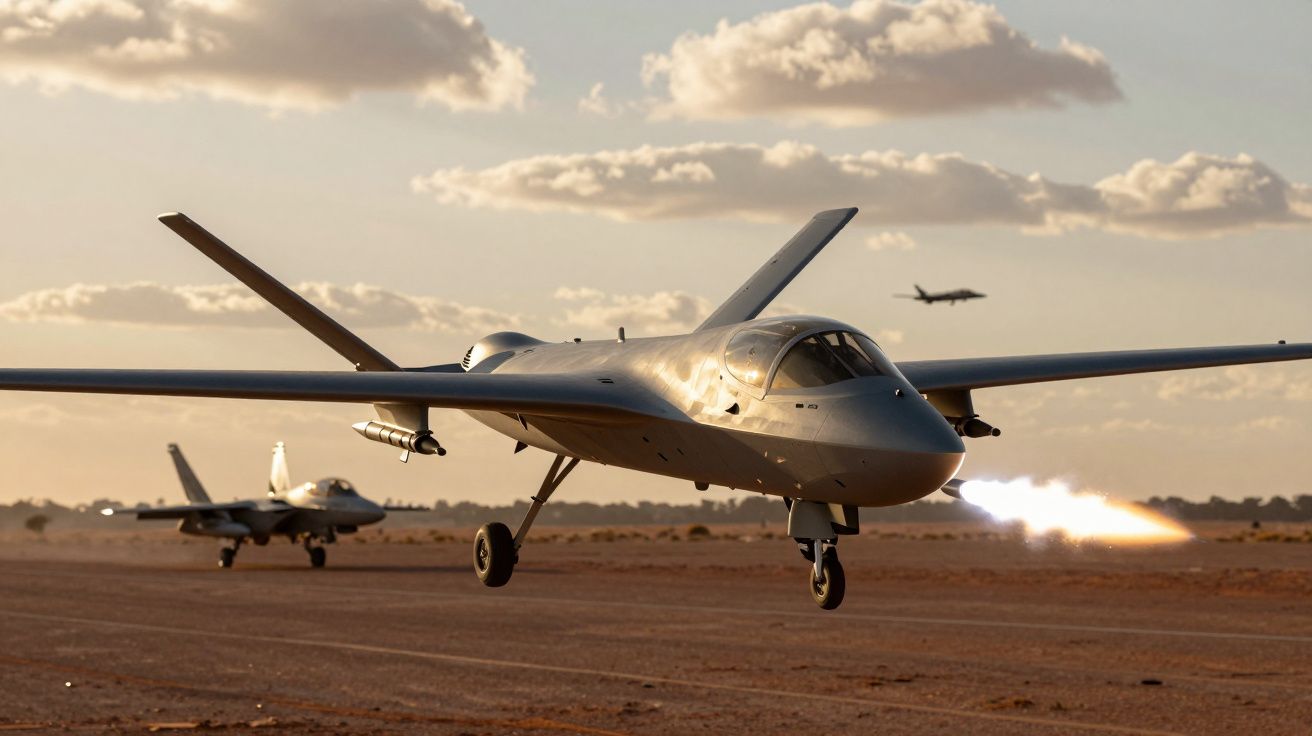 Drone militar descolando com foguete a disparar numa pista de terra, com dois aviões ao fundo e céu nublado.