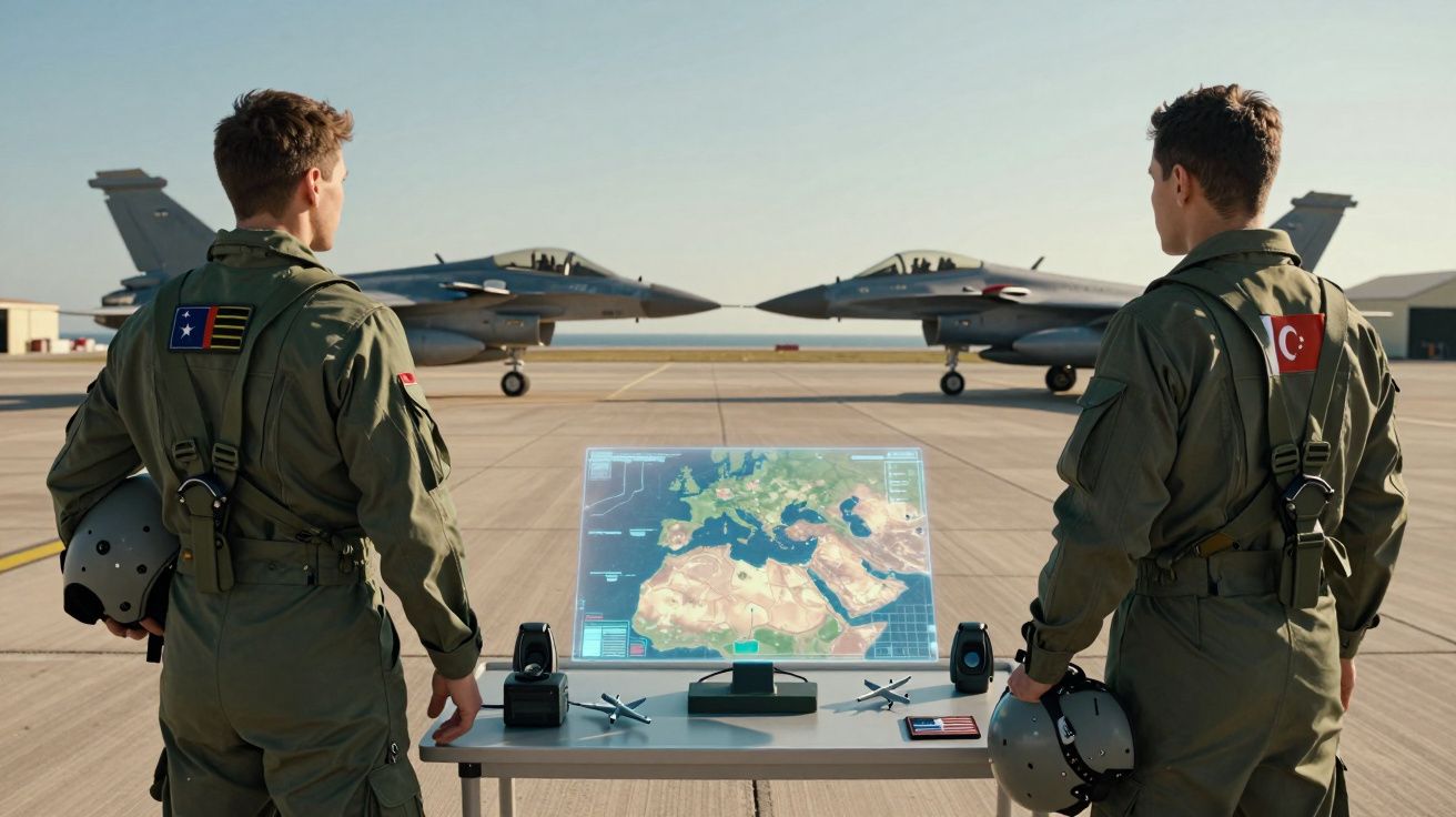 Dois pilotos militares em fato verde com capacetes, à frente de mesa com mapa digital, com jatos de combate no fundo.