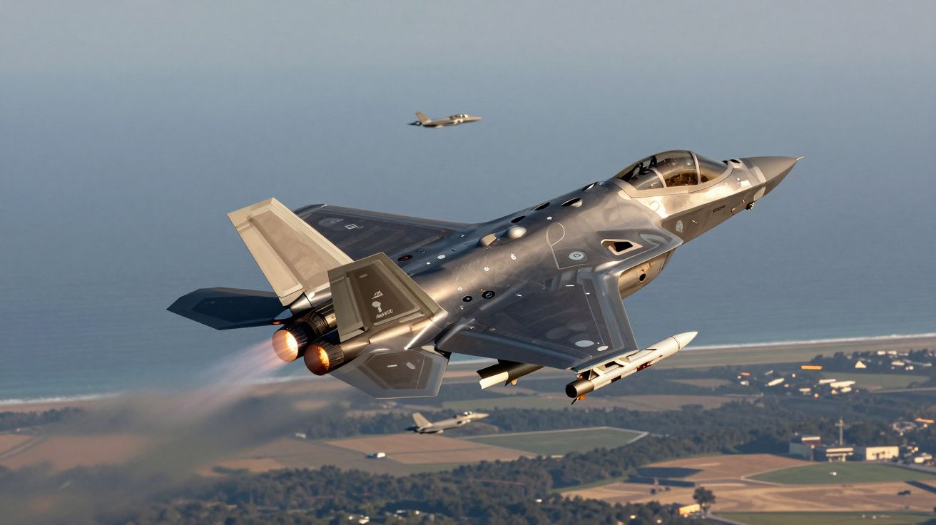 Avião de caça militar turbojato em voo sobre paisagem costeira com outros caças ao fundo.