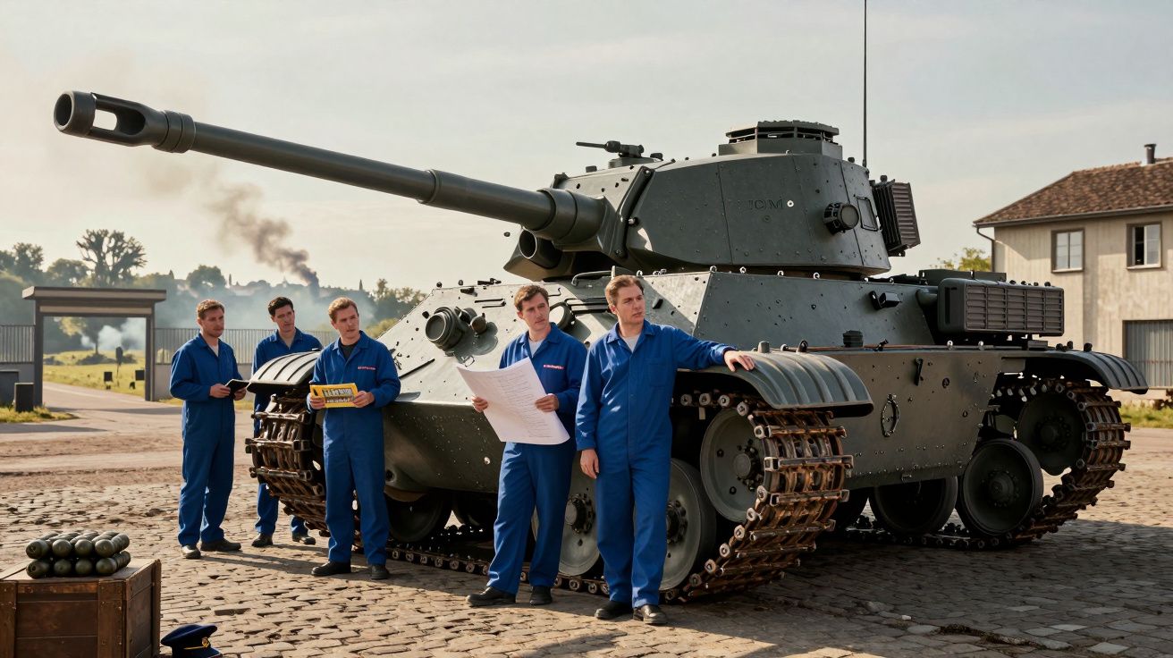 Cinco homens de macacão azul inspecionam e planeiam ao lado de um tanque de guerra antigo estacionado num pátio.