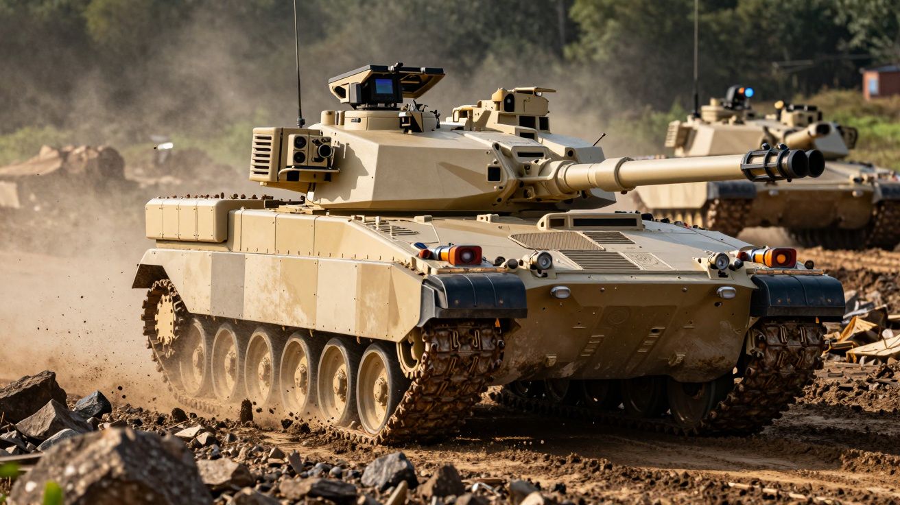 Tanque de guerra militar camuflado em desfile ou treino em terreno rochoso com vegetação ao fundo.