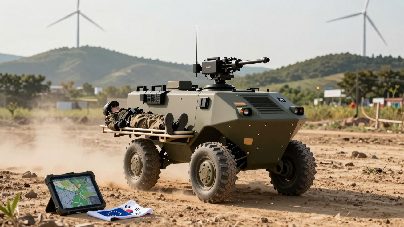 Veículo militar autónomo transporta manequim em maca em terreno árido com turbinas eólicas ao fundo.