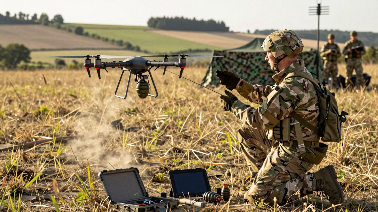 Soldado em uniforme camuflado a controlar drone armado num campo aberto durante operação militar.