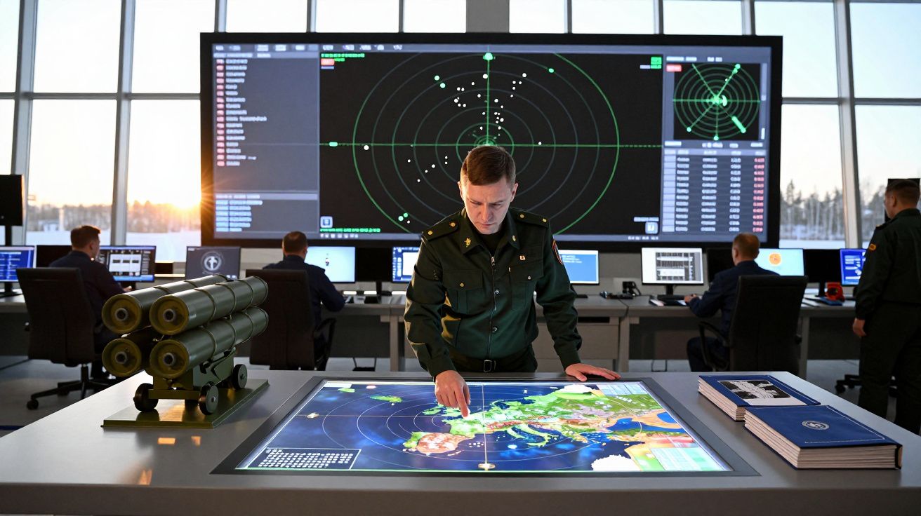 Militar numa sala de controlo com mapas digitais e radar, rodeado por colegas e equipamentos militares.