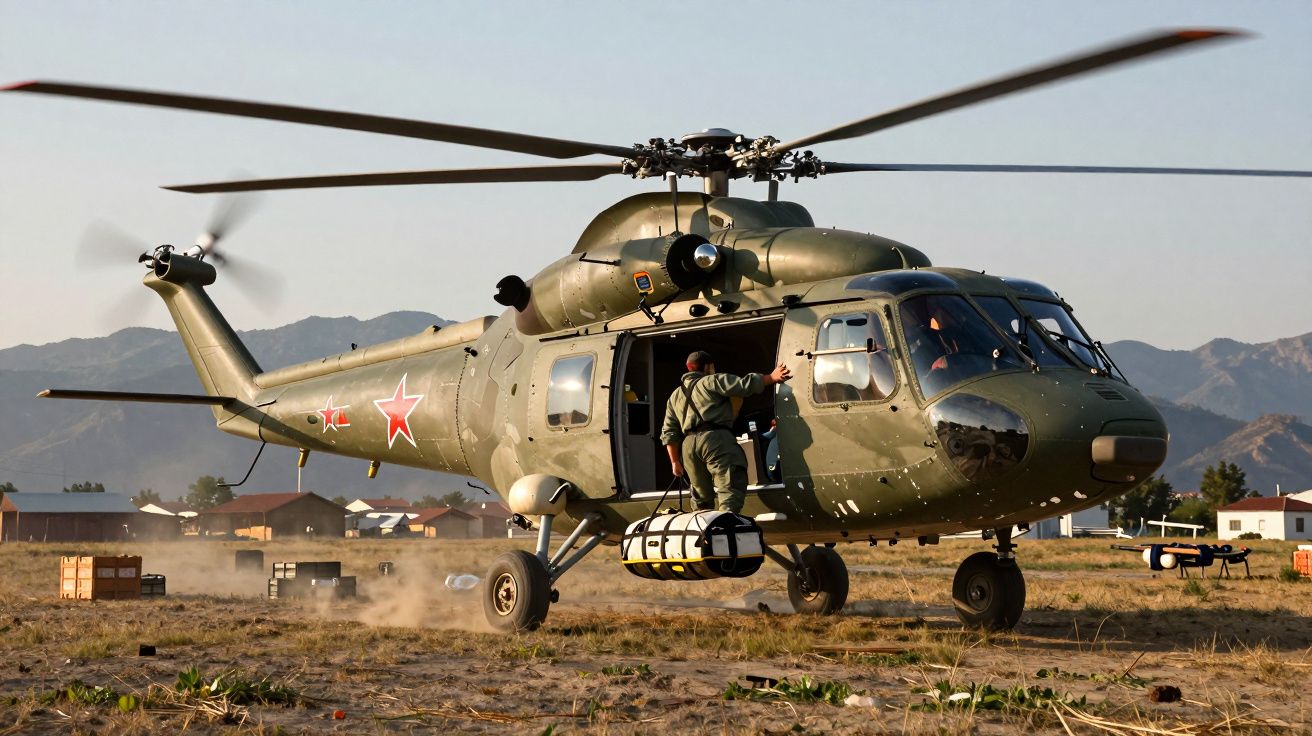 Helicóptero militar verde com estrelas vermelhas com porta lateral aberta e soldado a entrar, em terreno seco.